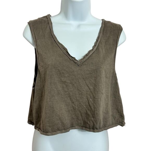 Urban Outfitters Brown Distressed V-Neck Crop Tank Top Sz M Raw Trim Tee Cotton - Picture 2 of 6